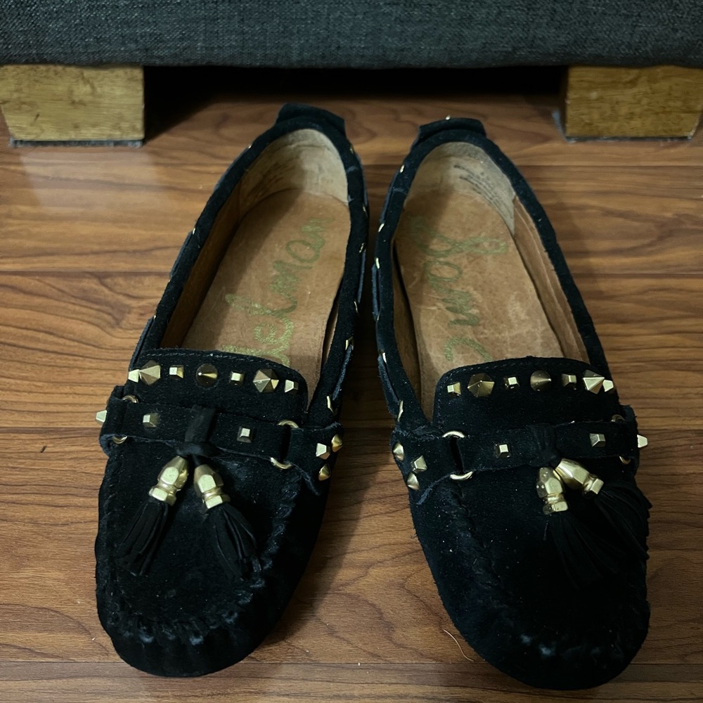 Sam Edelman Black and Gold Moccasins with Decorative Tassels